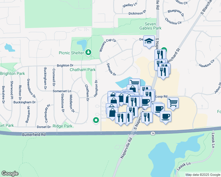 map of restaurants, bars, coffee shops, grocery stores, and more near 101 West Loop Road in Wheaton