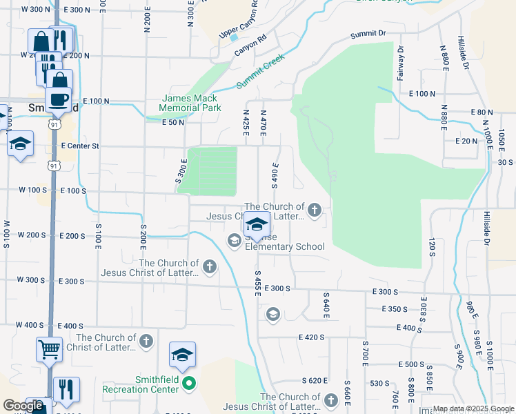 map of restaurants, bars, coffee shops, grocery stores, and more near 100 South 455 East in Smithfield