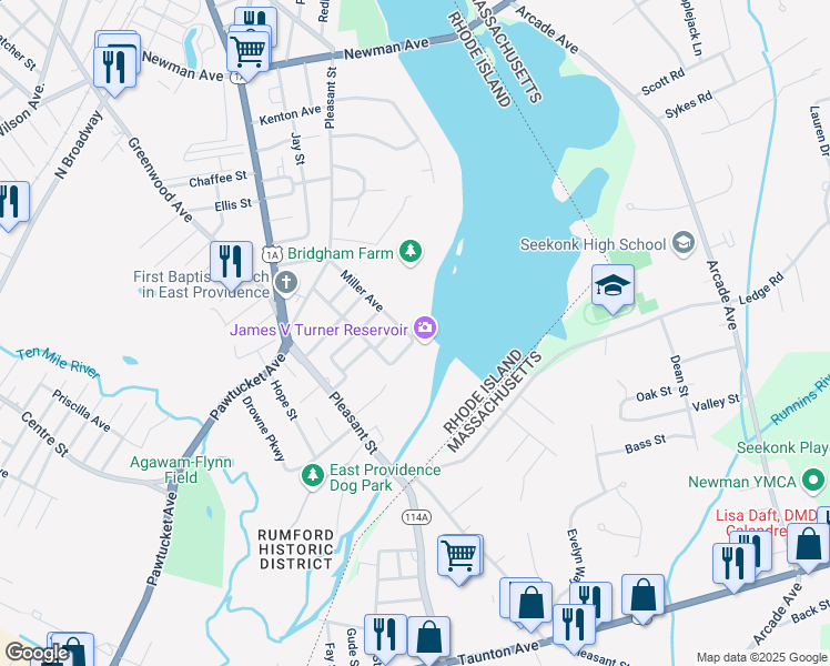 map of restaurants, bars, coffee shops, grocery stores, and more near 136 Miller Avenue in East Providence