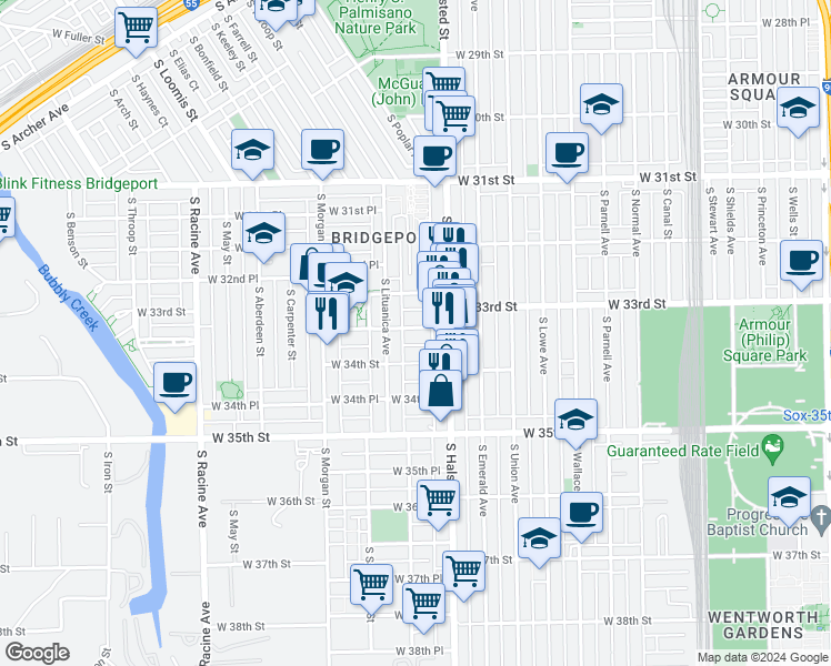 map of restaurants, bars, coffee shops, grocery stores, and more near 831 West 33rd Place in Chicago