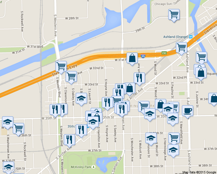 map of restaurants, bars, coffee shops, grocery stores, and more near 3309 S Hoyne Ave in Chicago
