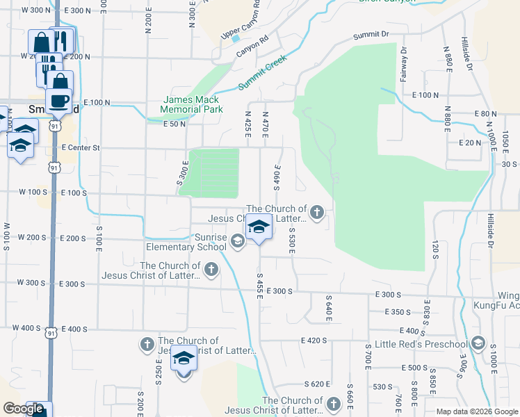 map of restaurants, bars, coffee shops, grocery stores, and more near East 120 South in Smithfield