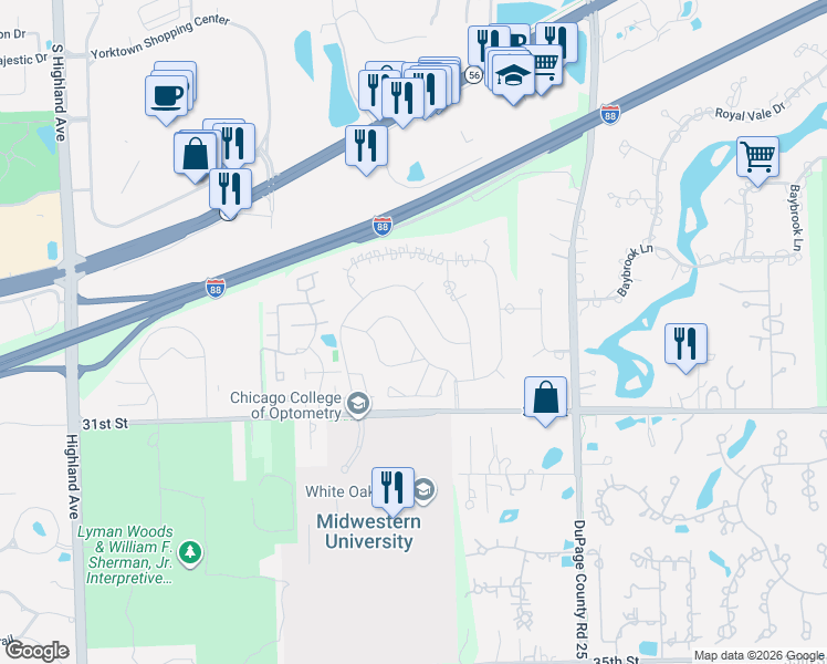 map of restaurants, bars, coffee shops, grocery stores, and more near 2S663 Avenue Normandy East in Oak Brook