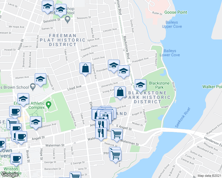 map of restaurants, bars, coffee shops, grocery stores, and more near 145 Irving Avenue in Providence