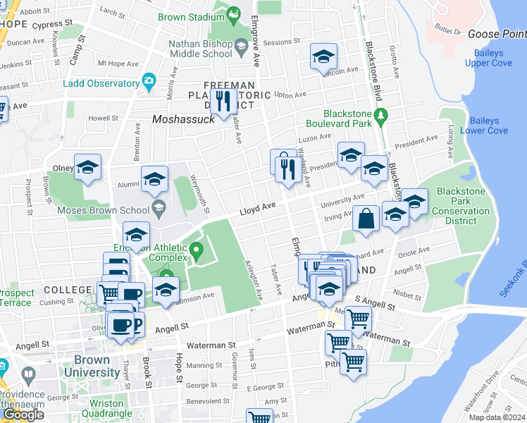 map of restaurants, bars, coffee shops, grocery stores, and more near 126 Taber Avenue in Providence