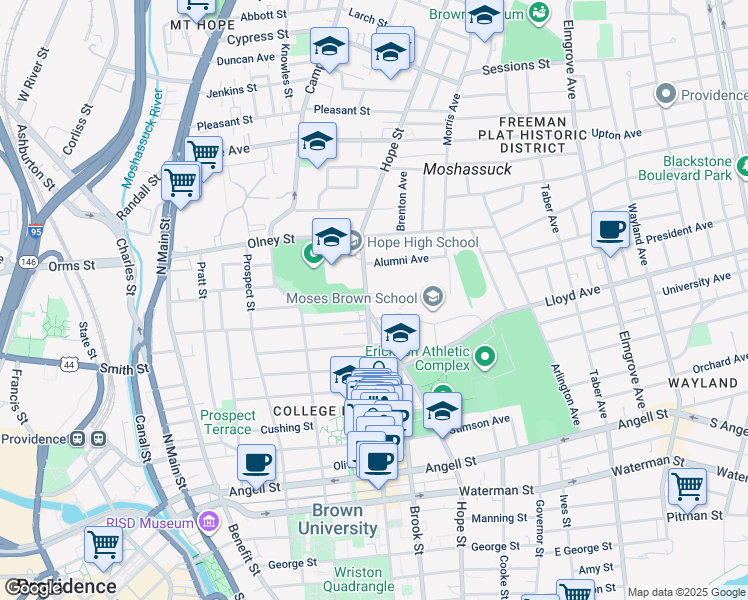 map of restaurants, bars, coffee shops, grocery stores, and more near in Providence