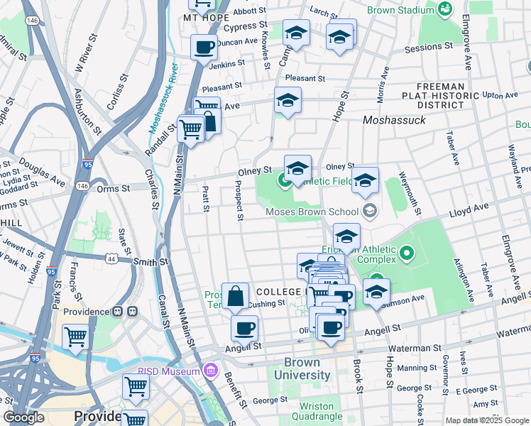 map of restaurants, bars, coffee shops, grocery stores, and more near 222 Brown Street in Providence