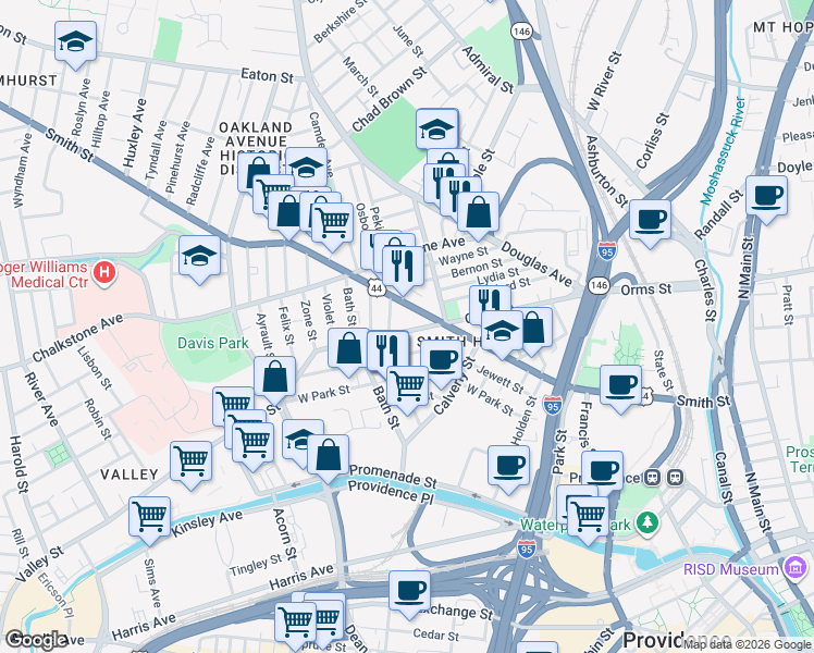 map of restaurants, bars, coffee shops, grocery stores, and more near 347 Orms Street in Providence