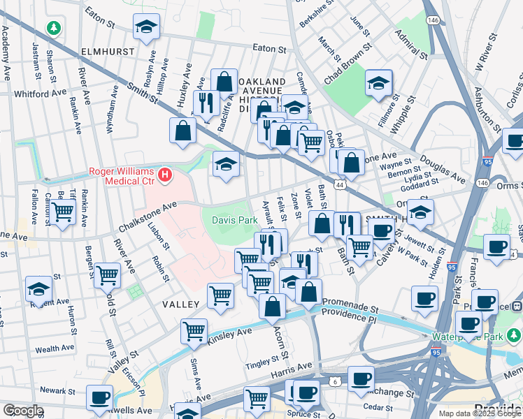 map of restaurants, bars, coffee shops, grocery stores, and more near 79 Pleasant Valley Parkway in Providence