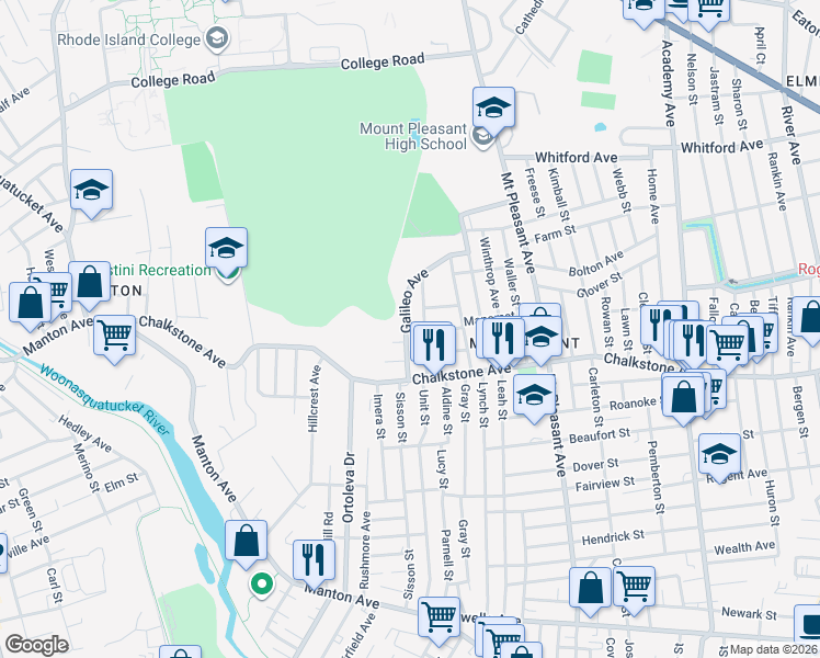 map of restaurants, bars, coffee shops, grocery stores, and more near 44 Galileo Avenue in Providence