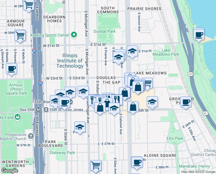 map of restaurants, bars, coffee shops, grocery stores, and more near 3338 South Prairie Avenue in Chicago