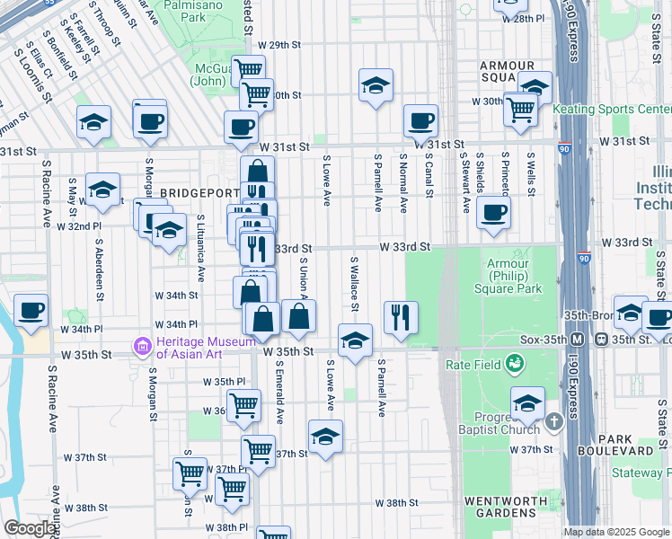 map of restaurants, bars, coffee shops, grocery stores, and more near 3335 South Lowe Avenue in Chicago