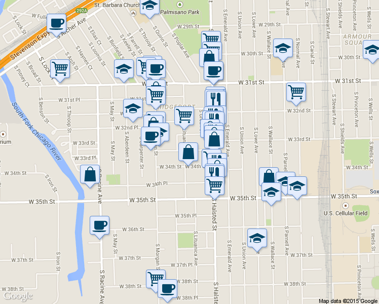 map of restaurants, bars, coffee shops, grocery stores, and more near 843 West 33rd Place in Chicago