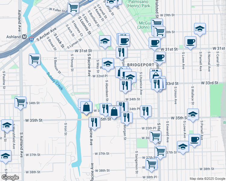 map of restaurants, bars, coffee shops, grocery stores, and more near 3326 South Carpenter Street in Chicago
