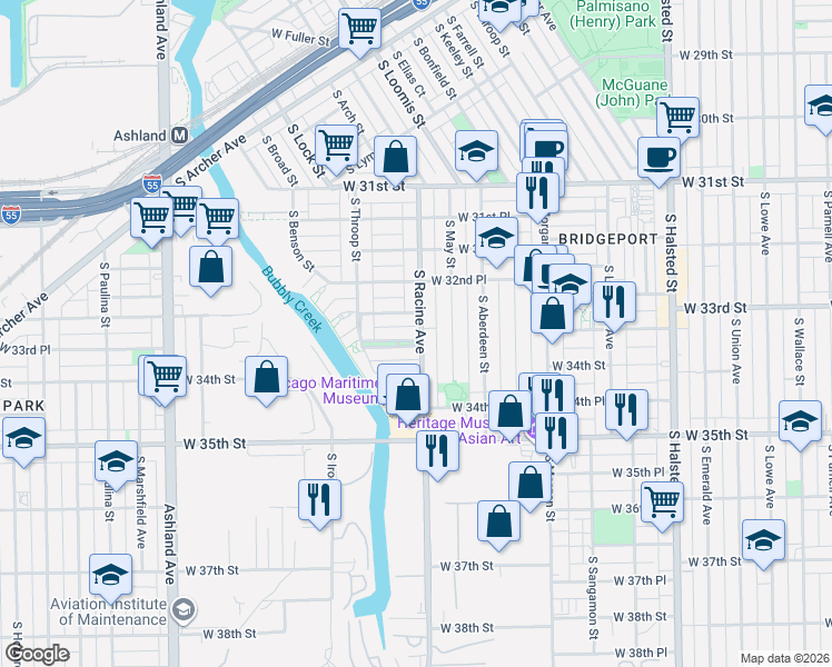 map of restaurants, bars, coffee shops, grocery stores, and more near 3325 South Racine Avenue in Chicago