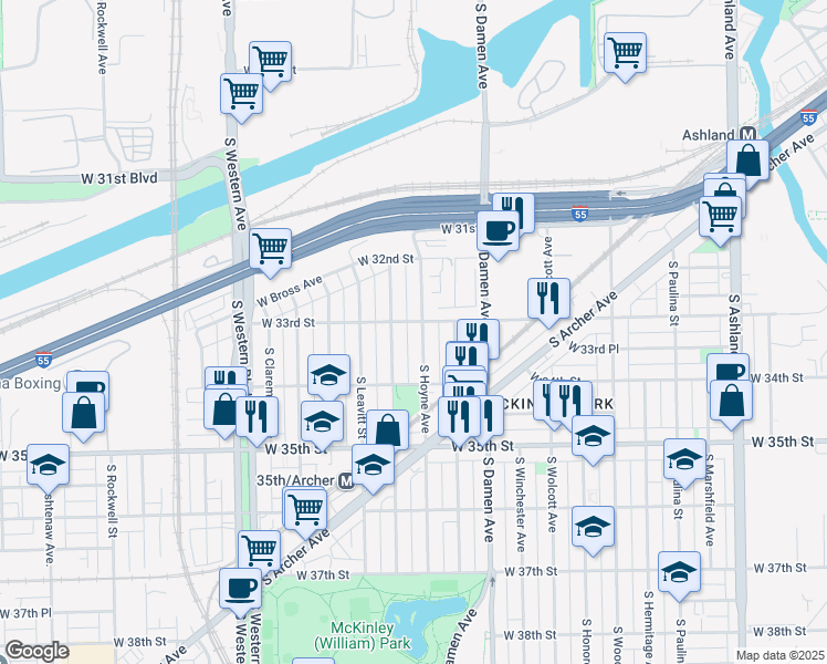 map of restaurants, bars, coffee shops, grocery stores, and more near 3314 South Hoyne Avenue in Chicago
