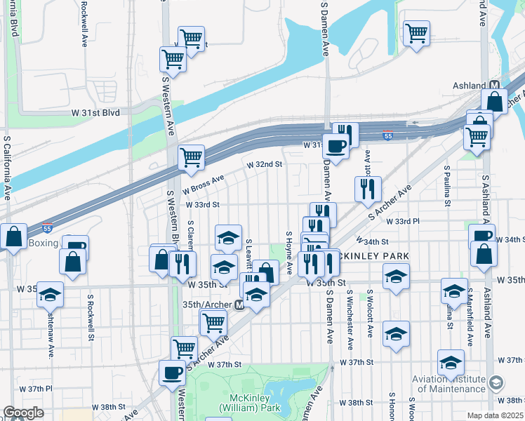 map of restaurants, bars, coffee shops, grocery stores, and more near 3310 South Hamilton Avenue in Chicago