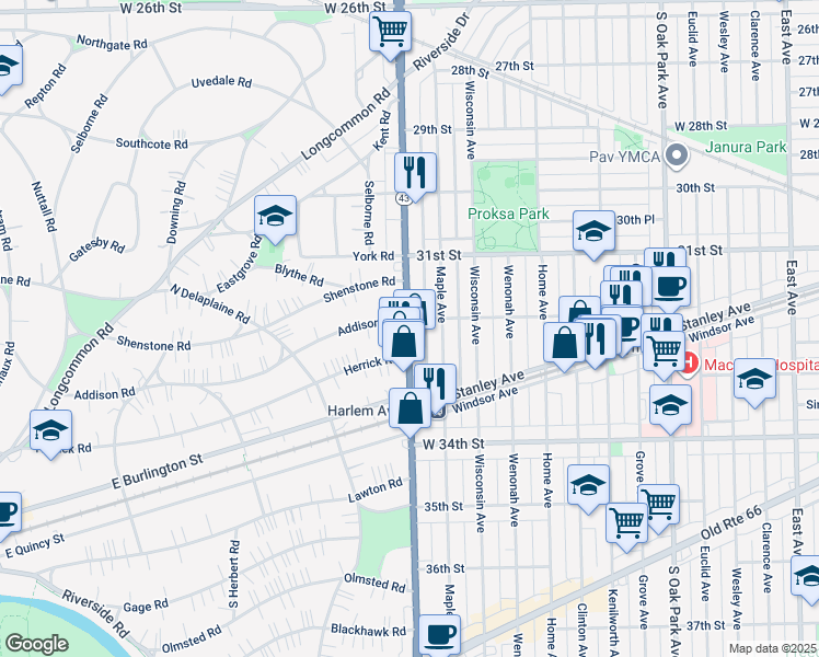 map of restaurants, bars, coffee shops, grocery stores, and more near 3211 South Harlem Avenue in Berwyn