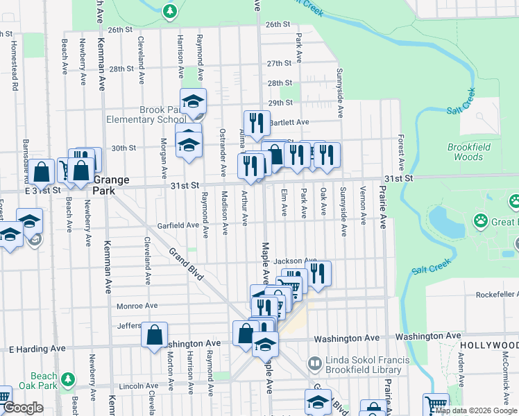 map of restaurants, bars, coffee shops, grocery stores, and more near 3136 Maple Avenue in Brookfield
