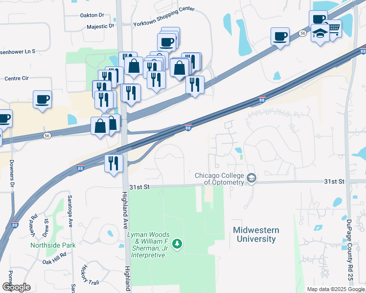 map of restaurants, bars, coffee shops, grocery stores, and more near 3050 Highland Parkway in Downers Grove