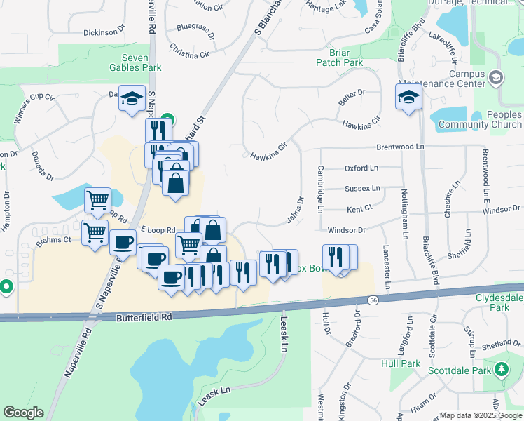 map of restaurants, bars, coffee shops, grocery stores, and more near 55 Kensington Cir in Wheaton