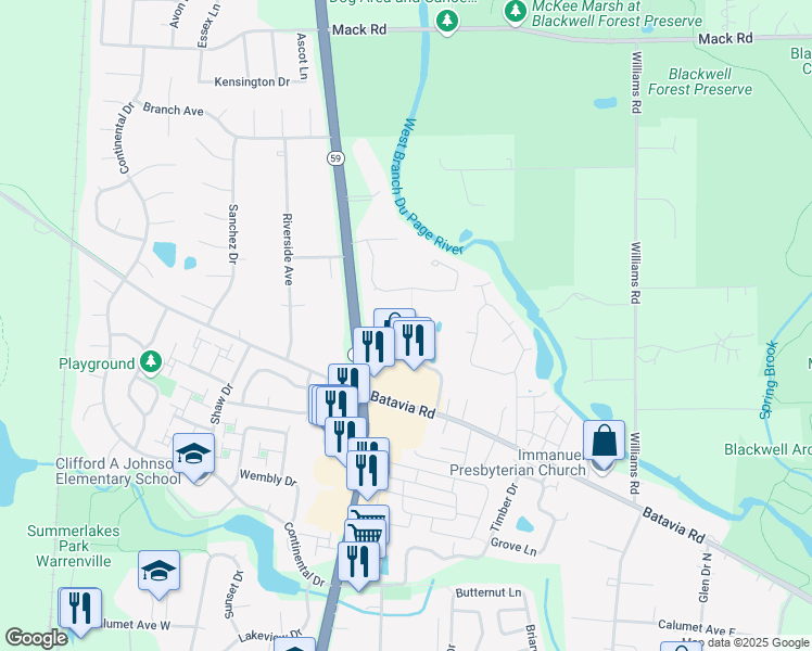 map of restaurants, bars, coffee shops, grocery stores, and more near 29W549 Country Ridge Drive in Warrenville