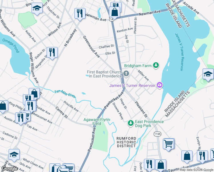 map of restaurants, bars, coffee shops, grocery stores, and more near 26 Doro Place in East Providence