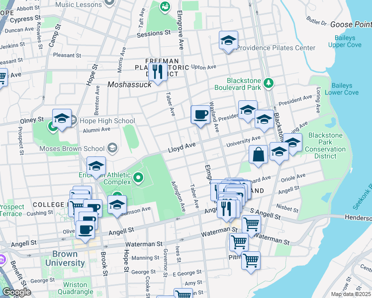 map of restaurants, bars, coffee shops, grocery stores, and more near 375 Lloyd Avenue in Providence