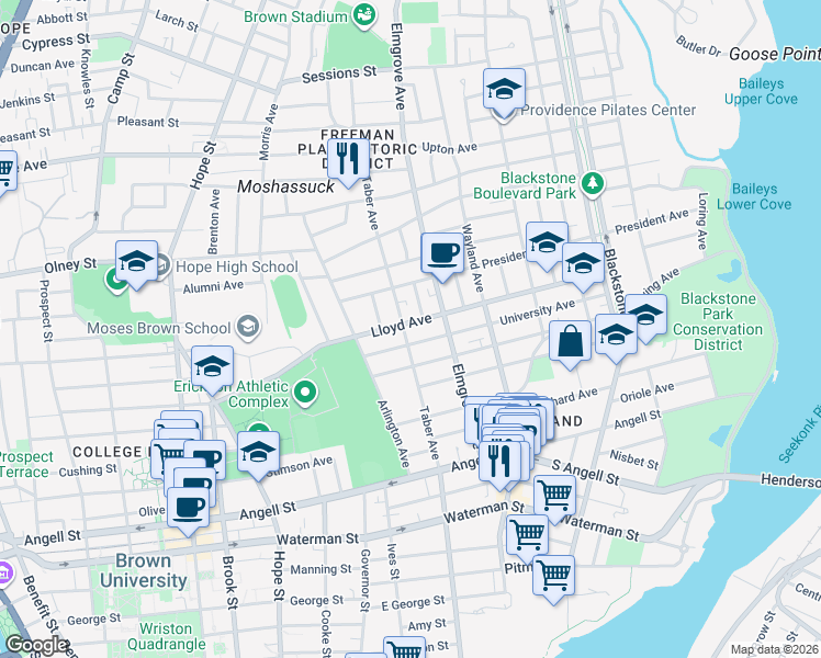 map of restaurants, bars, coffee shops, grocery stores, and more near 126 Taber Avenue in Providence