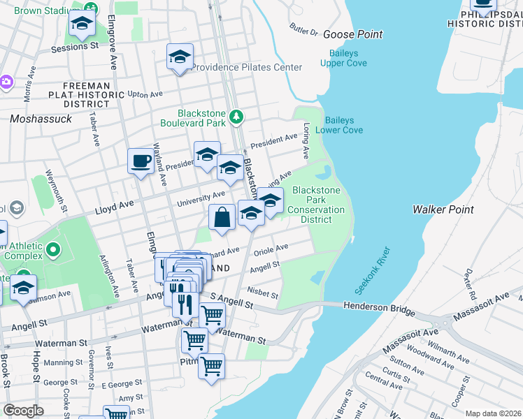 map of restaurants, bars, coffee shops, grocery stores, and more near 21 Blackstone Boulevard in Providence