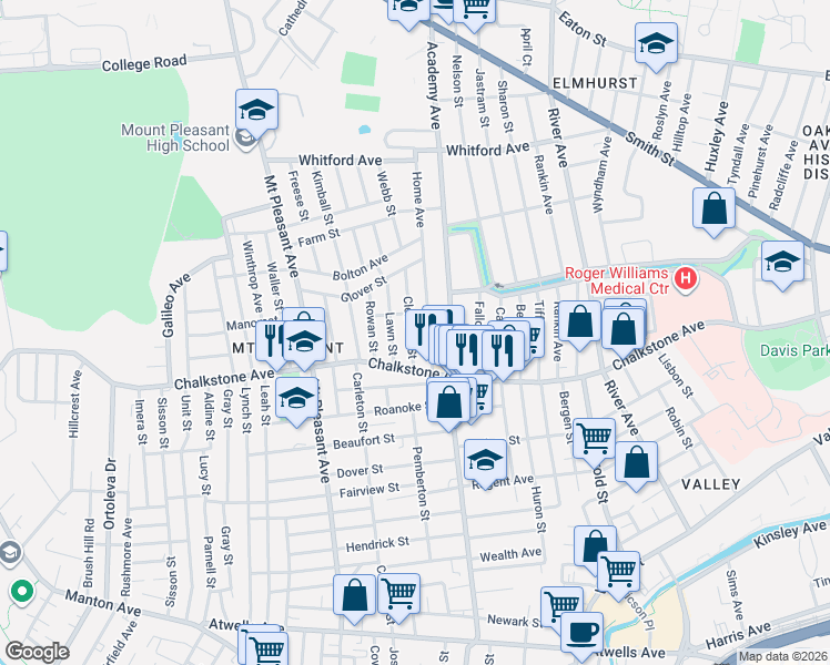 map of restaurants, bars, coffee shops, grocery stores, and more near 31 Lawn Street in Providence