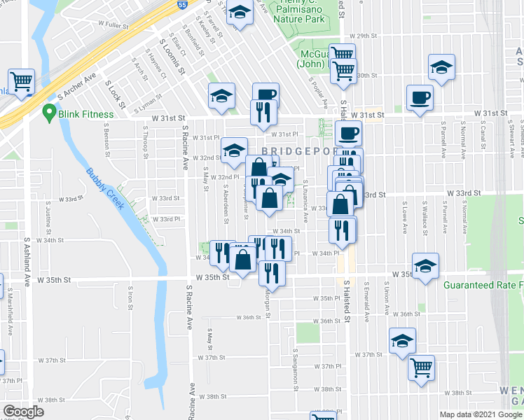 map of restaurants, bars, coffee shops, grocery stores, and more near 3343 South Morgan Street in Chicago