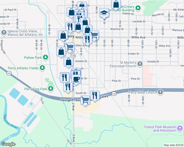 map of restaurants, bars, coffee shops, grocery stores, and more near 609 3rd Street in Perry