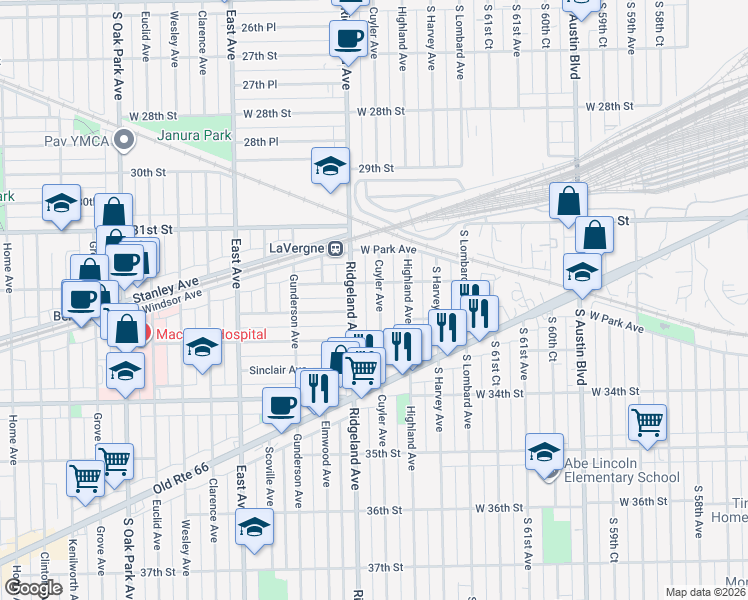map of restaurants, bars, coffee shops, grocery stores, and more near 3214 Cuyler Avenue in Berwyn