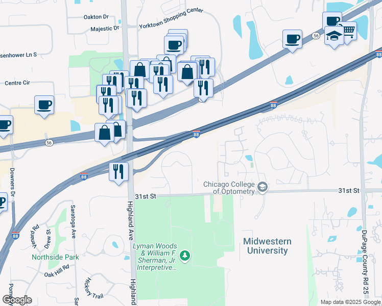 map of restaurants, bars, coffee shops, grocery stores, and more near 3025 Highland Parkway in Downers Grove