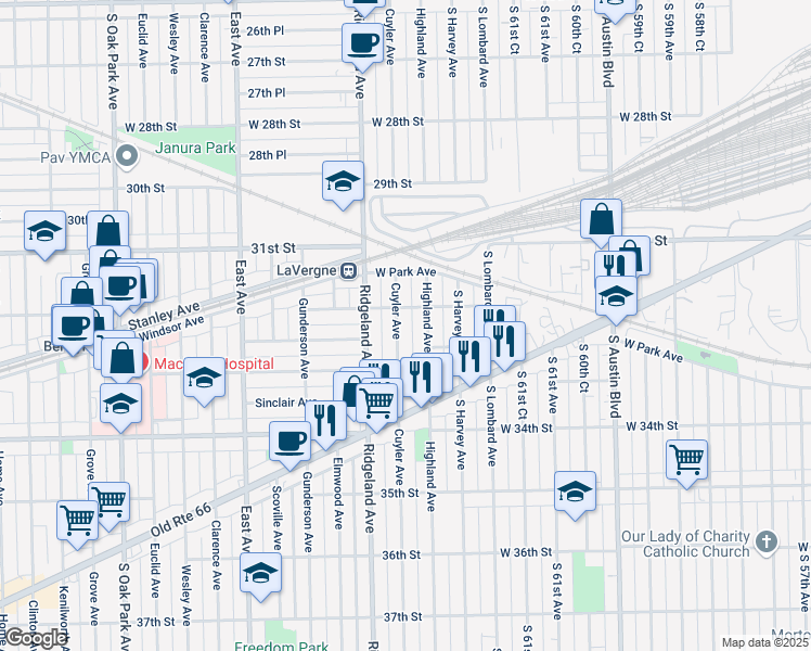 map of restaurants, bars, coffee shops, grocery stores, and more near 3219 Cuyler Avenue in Berwyn