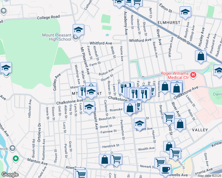 map of restaurants, bars, coffee shops, grocery stores, and more near 31 Lawn Street in Providence