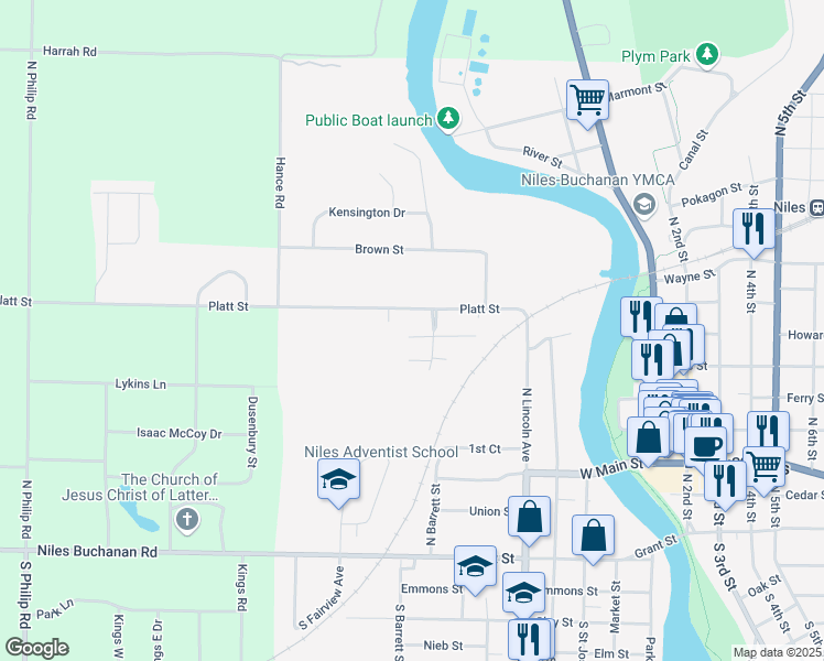 map of restaurants, bars, coffee shops, grocery stores, and more near 680 Platt Street in Niles