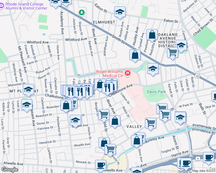 map of restaurants, bars, coffee shops, grocery stores, and more near 208 River Avenue in Providence