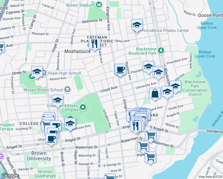 map of restaurants, bars, coffee shops, grocery stores, and more near 126 Taber Avenue in Providence