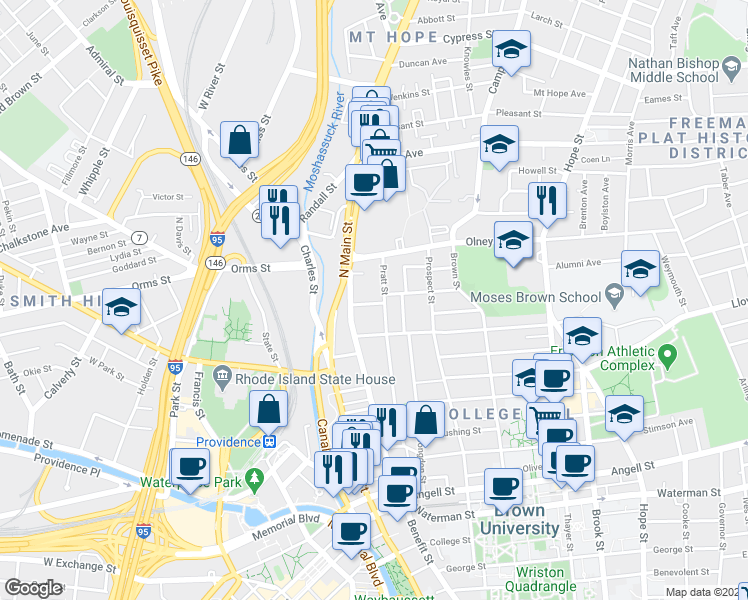 map of restaurants, bars, coffee shops, grocery stores, and more near 17 Halsey Street in Providence