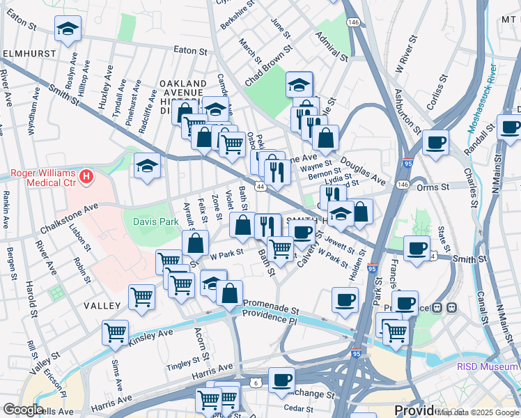 map of restaurants, bars, coffee shops, grocery stores, and more near 347 Orms Street in Providence