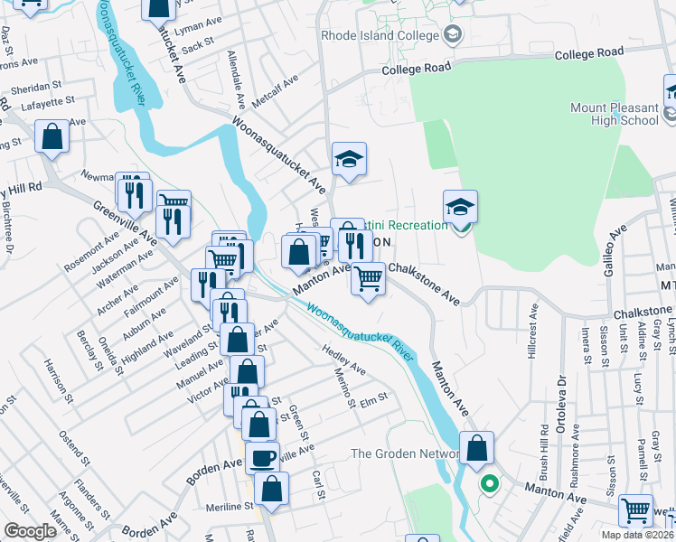 map of restaurants, bars, coffee shops, grocery stores, and more near 850 Manton Avenue in Providence