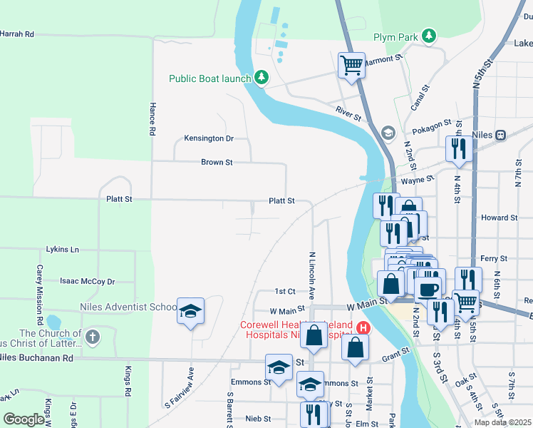 map of restaurants, bars, coffee shops, grocery stores, and more near 680 Platt Street in Niles