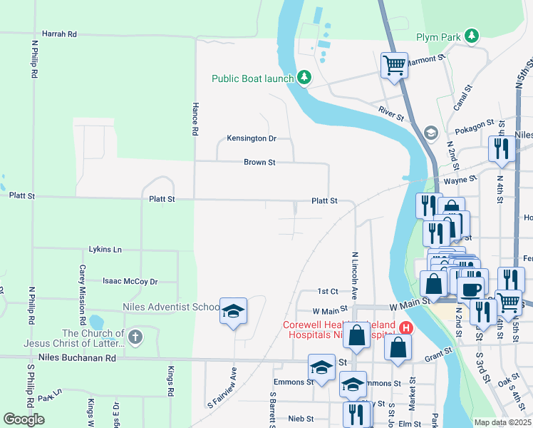 map of restaurants, bars, coffee shops, grocery stores, and more near 700 Platt Street in Niles