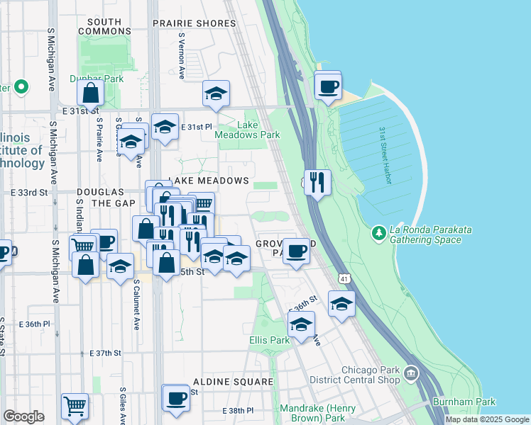 map of restaurants, bars, coffee shops, grocery stores, and more near 625 East Groveland Park in Chicago