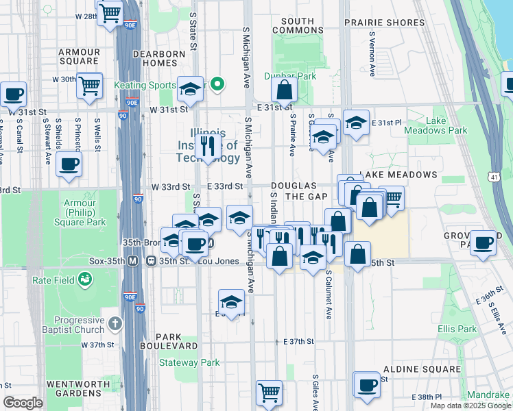 map of restaurants, bars, coffee shops, grocery stores, and more near 3341 South Michigan Avenue in Chicago