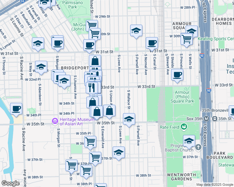 map of restaurants, bars, coffee shops, grocery stores, and more near 3331 South Union Avenue in Chicago