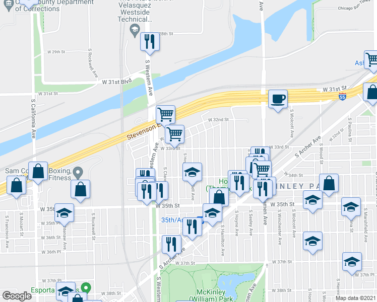 map of restaurants, bars, coffee shops, grocery stores, and more near 3313 South Oakley Avenue in Chicago