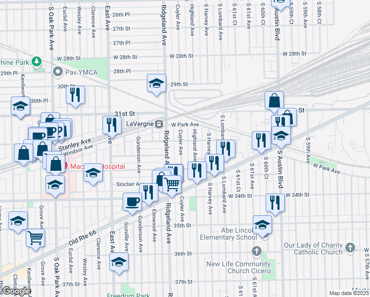 map of restaurants, bars, coffee shops, grocery stores, and more near 3219 Cuyler Avenue in Berwyn